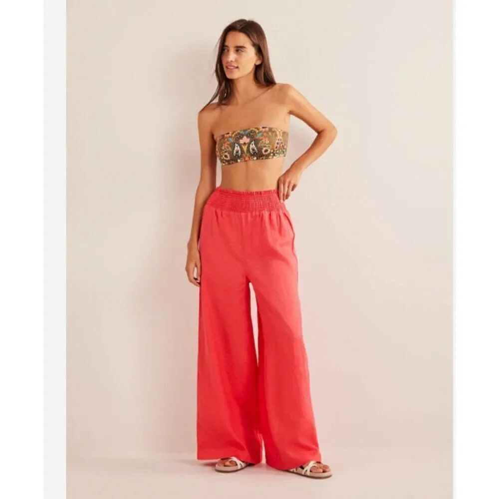 Boden Womens Wide Pants UK 10 US 6 Coral Linen Shirred Waist Trousers R0296 NWT
